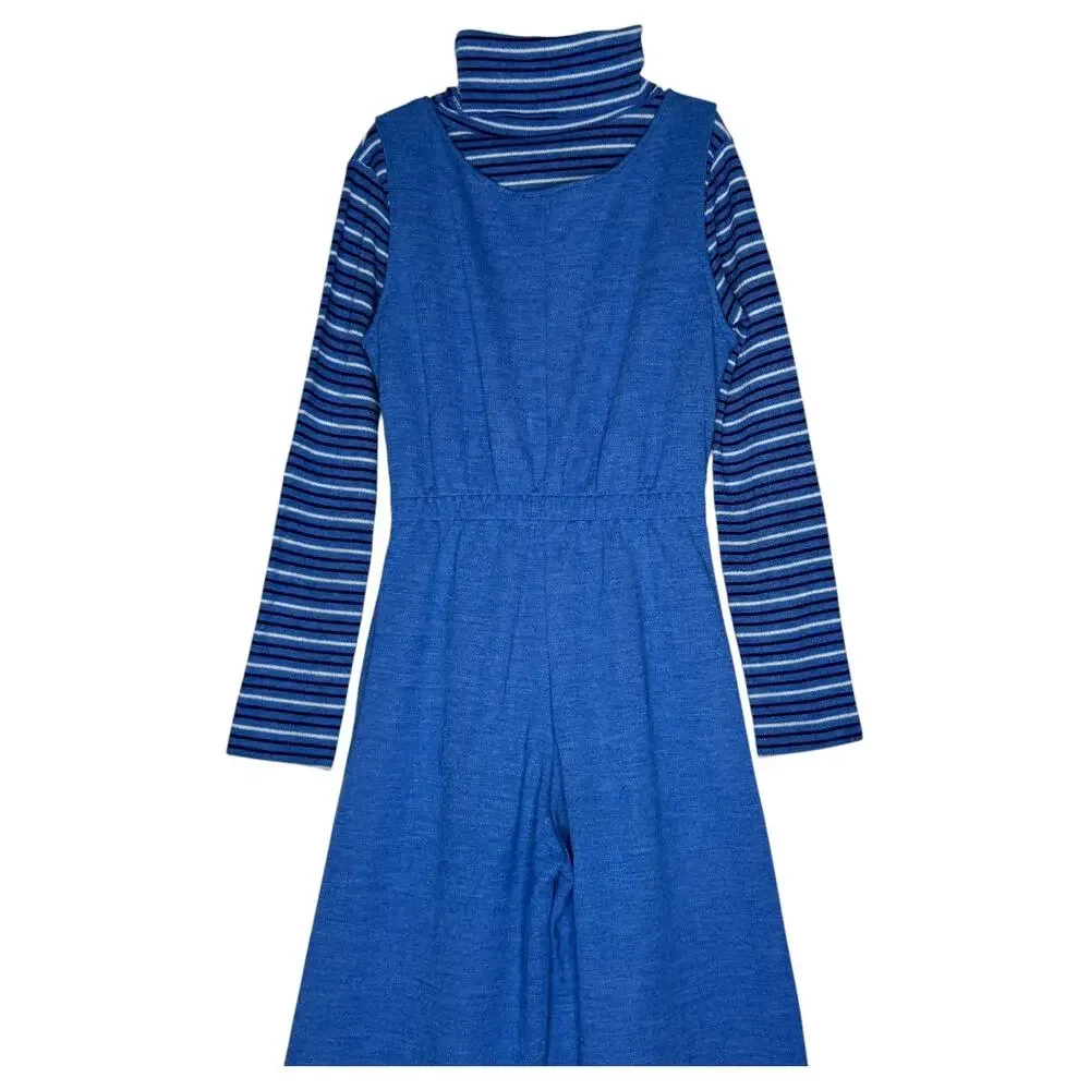 1970s Pic-Nics by Her Majesty Blue Knit Jumpsuit Turtleneck Set USA XS
